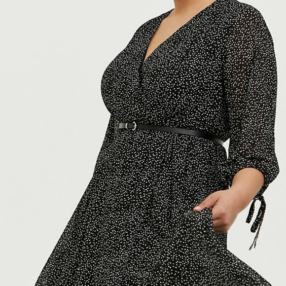 BLACK POLKA DOT FLOCKED CHIFFON BELTED MIDI DRESS (Dress Box) - Picture 4 of 7